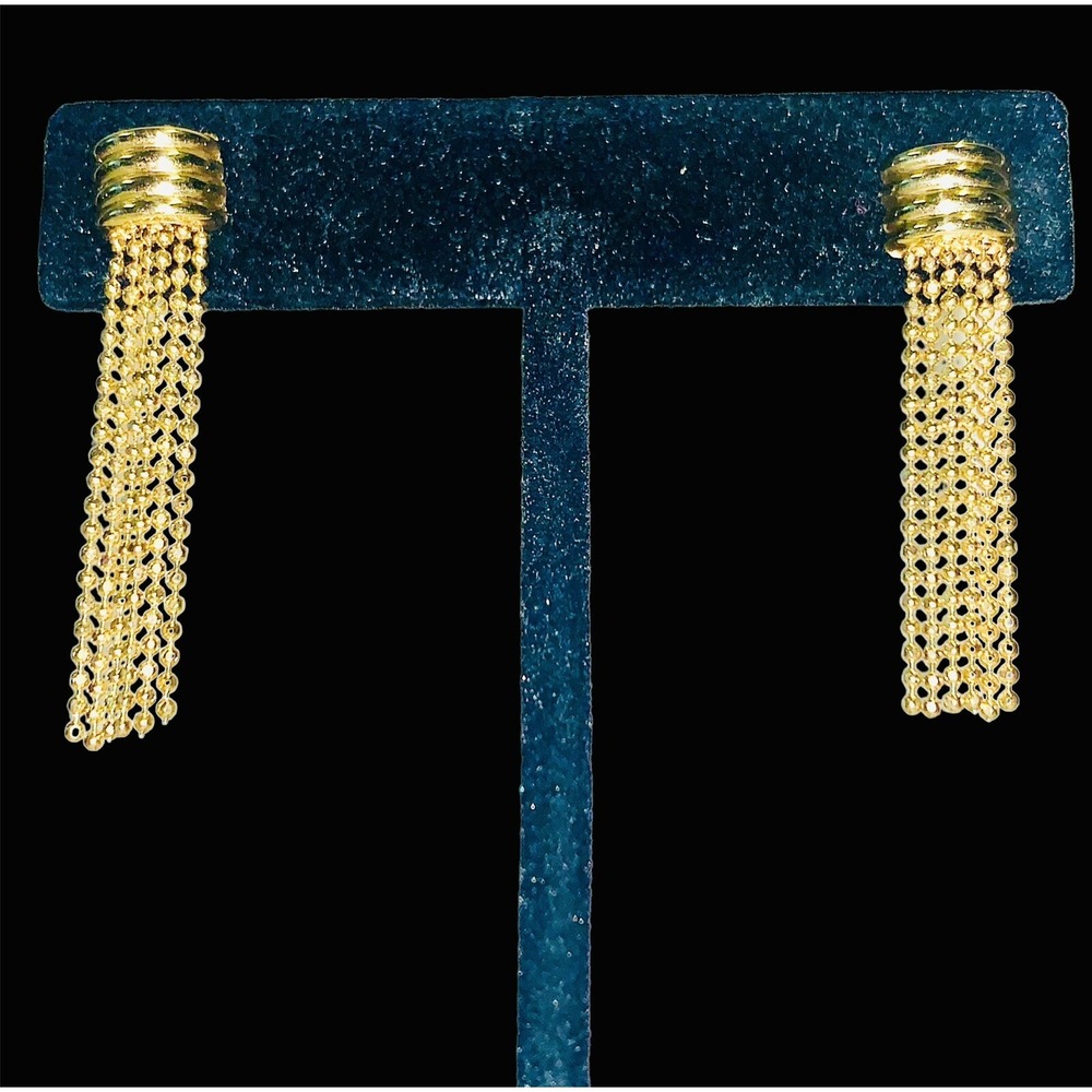 14K Yellow Gold Long Tassel Drop Stud Dangle Earrings - Picture 3 of 6